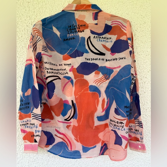 Rare Sezane Pierro button Shirt in Femme silk blue red pink FR36 - Picture 5 of 5